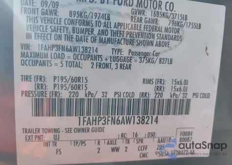 2010 Ford Focus Se z USA, uszkodzony, nr VIN 1FAHP3FN6AW138214